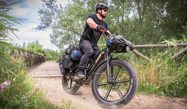 Un uomo percorre le montagne in bicicletta elettrica Fiido Titan