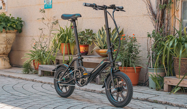 Bicicletta elettrica D3pro parcheggiata di fronte a piante verdi