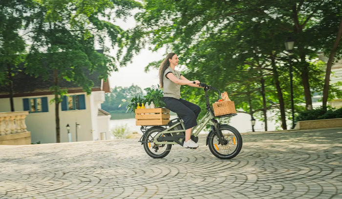 Una donna in sella alla e-bike Fiido T3 sulla strada