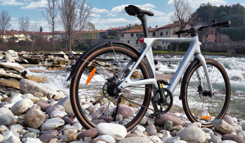 E-bike ultraleggera in fibra di carbonio Fiido Air esposta su una riva rocciosa accanto all’acqua corrente.
