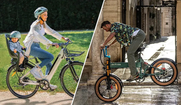 Una donna è in sella a una bicicletta elettrica Fiido C11 con un bambino come passeggero.