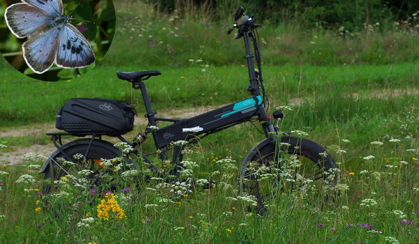 Una bicicletta elettrica Fiido M1 Pro con gomme larghe è stata temporaneamente posta sull’erba.