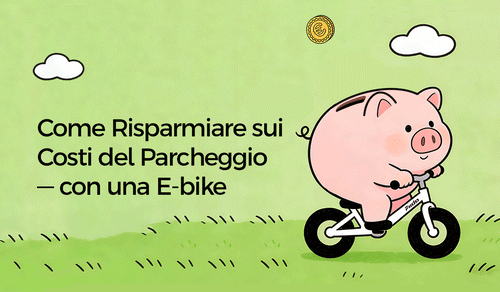 Animazione di un salvadanaio che cavalca una bicicletta elettrica Fiido.