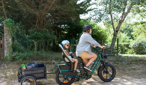 Una madre porta fuori il figlio su una bicicletta elettrica Fiido T2 longtail.